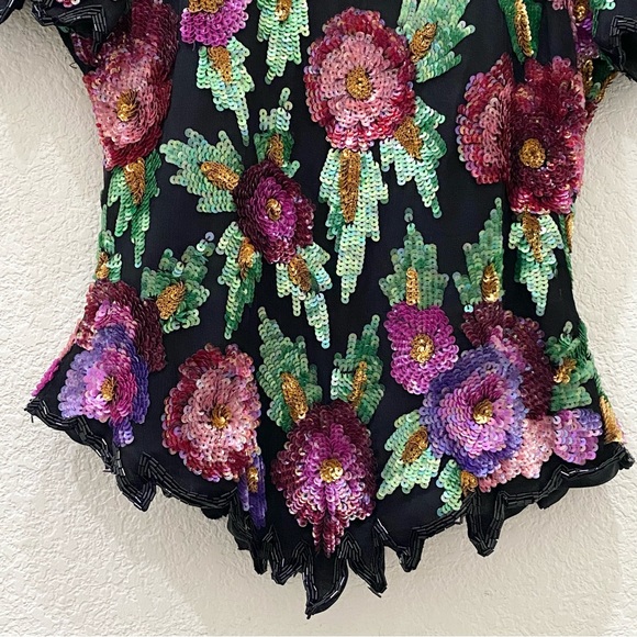 Vintage Laurence Kazar Heavily Beaded Sequin Floral Blouse Size M - Picture 14 of 16
